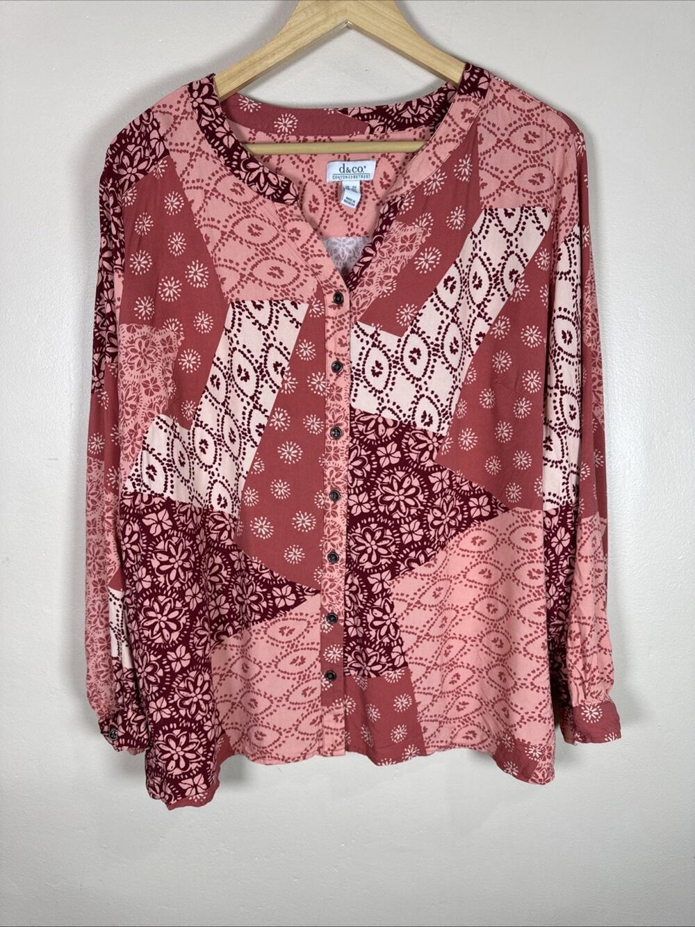 D&co Womens Plus Size Blouse Top 2X Patchwork Boho Mixed Print